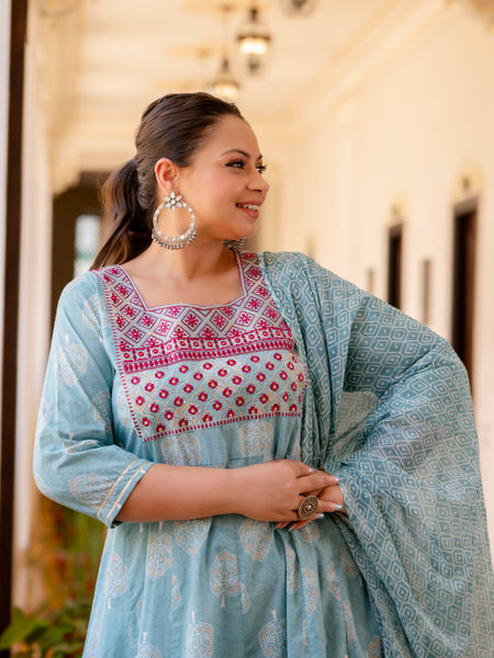 Elegant Light Blue Cotton Embroidered Anarkali With Dupatta Set (Plus Size)