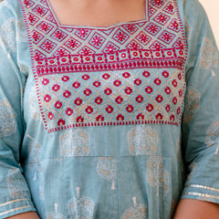 Elegant Light Blue Cotton Embroidered Anarkali With Dupatta Set (Plus Size)