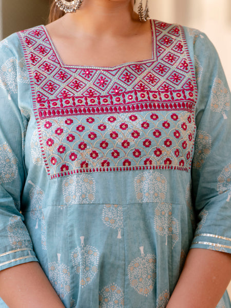 Elegant Light Blue Cotton Embroidered Anarkali With Dupatta Set (Plus Size)