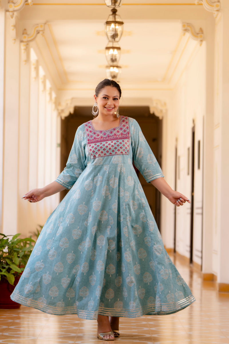 Elegant Light Blue Cotton Embroidered Anarkali With Dupatta Set (Plus Size)
