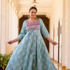 Elegant Light Blue Cotton Embroidered Anarkali With Dupatta Set (Plus Size)