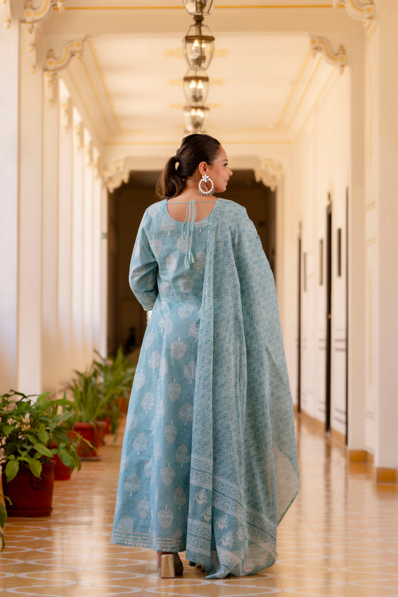 Elegant Light Blue Cotton Embroidered Anarkali With Dupatta Set (Plus Size)
