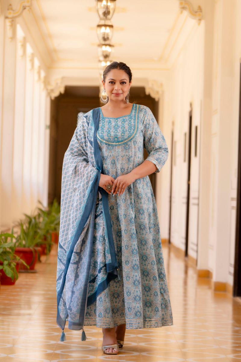 Elegant Light Grey Cotton Embroidered Anarkali With Dupatta Set (Plus Size)