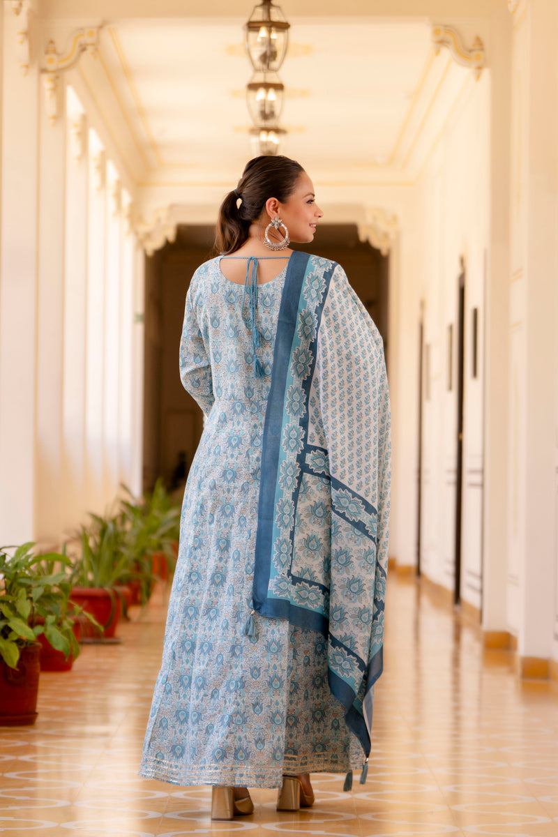 Elegant Light Grey Cotton Embroidered Anarkali With Dupatta Set (Plus Size)