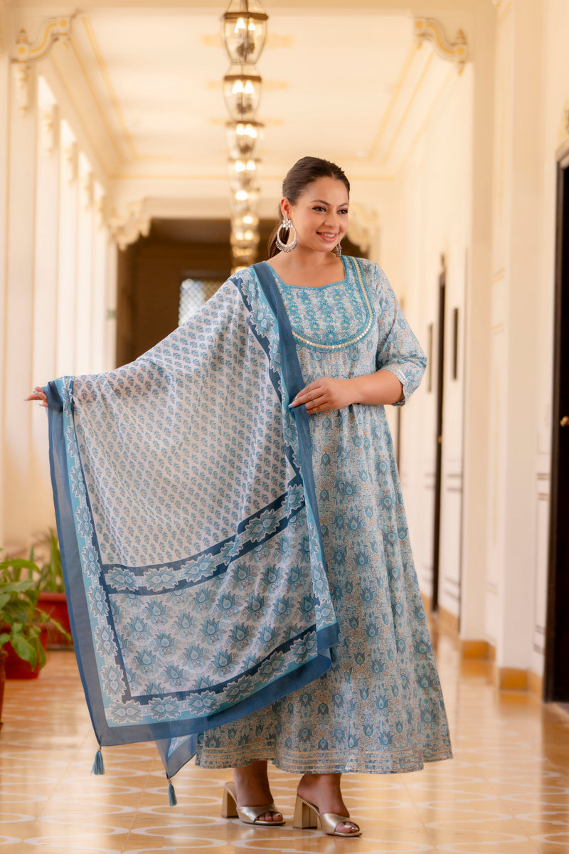 Elegant Light Grey Cotton Embroidered Anarkali With Dupatta Set (Plus Size)