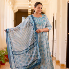 Elegant Light Grey Cotton Embroidered Anarkali With Dupatta Set (Plus Size)