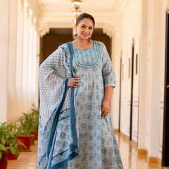 Elegant Light Grey Cotton Embroidered Anarkali With Dupatta Set (Plus Size)