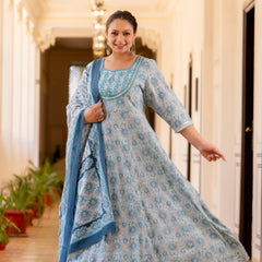 Elegant Light Grey Cotton Embroidered Anarkali With Dupatta Set (Plus Size)