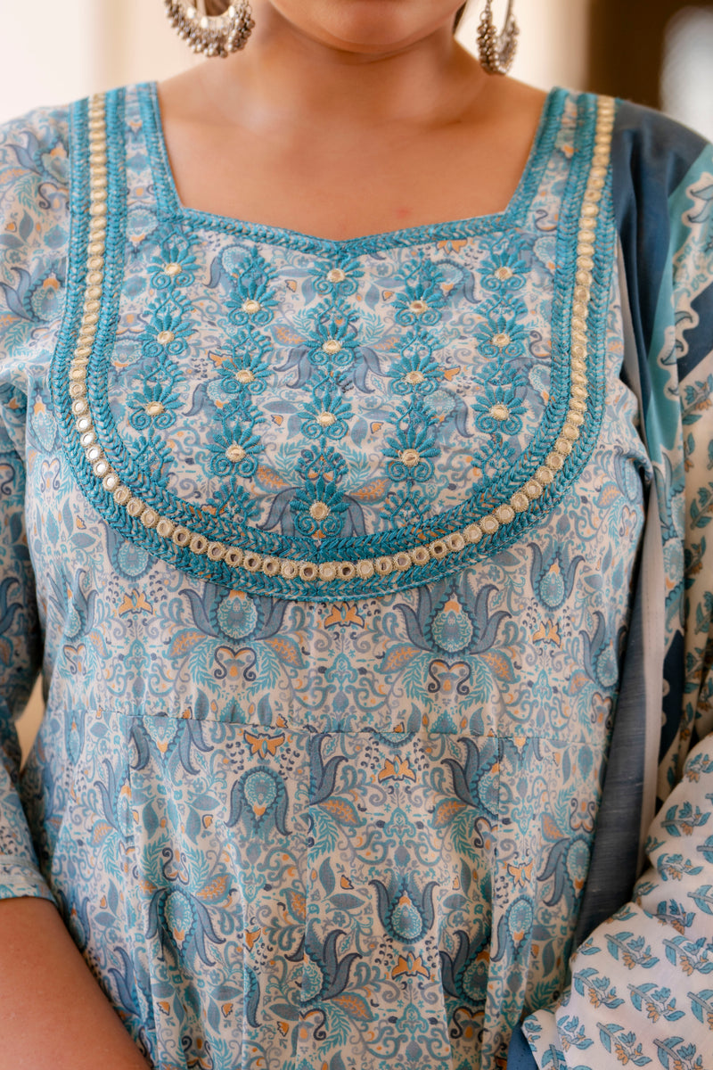 Elegant Light Grey Cotton Embroidered Anarkali With Dupatta Set (Plus Size)