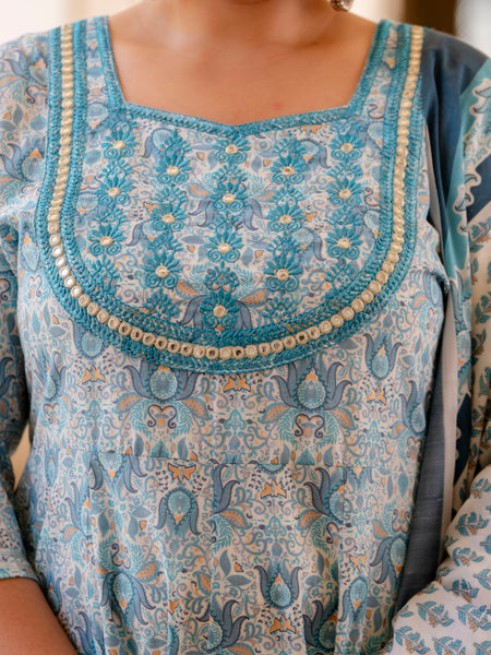 Elegant Light Grey Cotton Embroidered Anarkali With Dupatta Set (Plus Size)