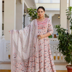 Elegant Peach Cotton Embroidered Anarkali With Dupatta Set (Plus Size)