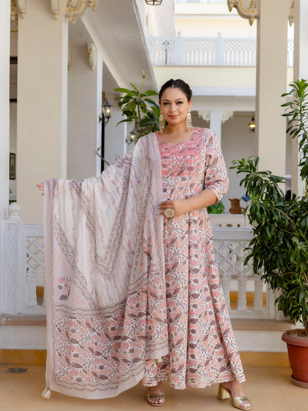 Elegant Peach Cotton Embroidered Anarkali With Dupatta Set (Plus Size)
