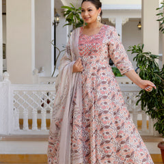 Elegant Peach Cotton Embroidered Anarkali With Dupatta Set (Plus Size)