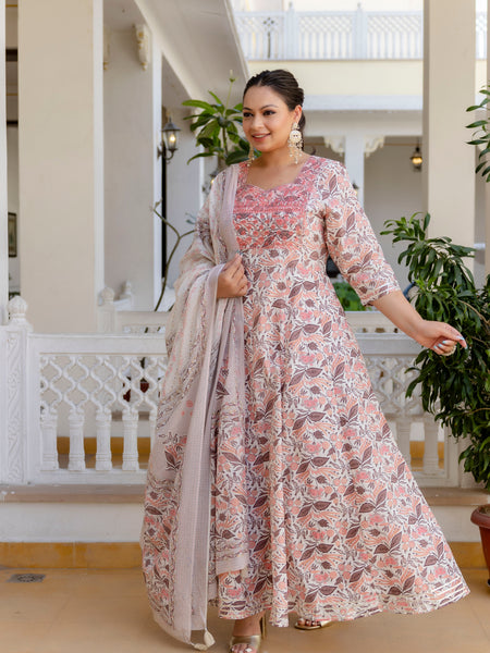 Elegant Peach Cotton Embroidered Anarkali With Dupatta Set (Plus Size)
