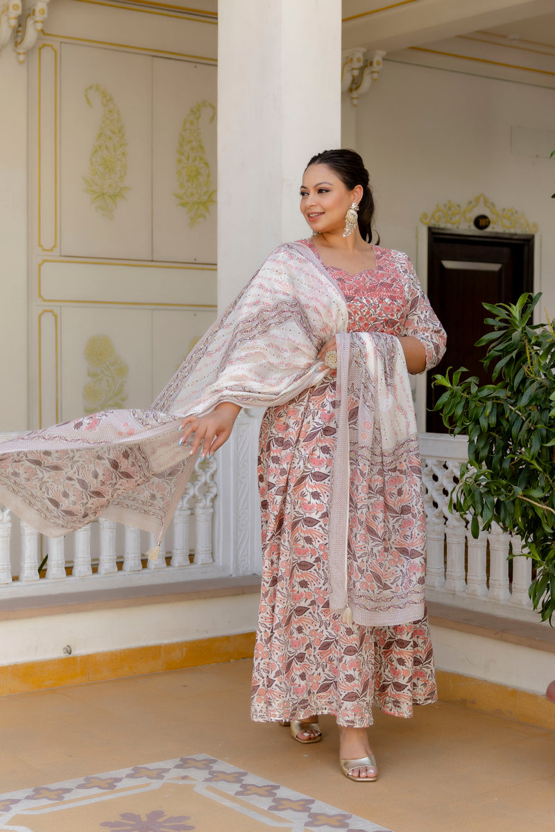 Elegant Peach Cotton Embroidered Anarkali With Dupatta Set (Plus Size)
