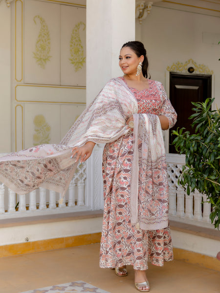 Elegant Peach Cotton Embroidered Anarkali With Dupatta Set (Plus Size)