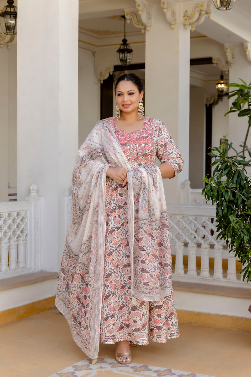 Elegant Peach Cotton Embroidered Anarkali With Dupatta Set (Plus Size)