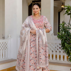 Elegant Peach Cotton Embroidered Anarkali With Dupatta Set (Plus Size)
