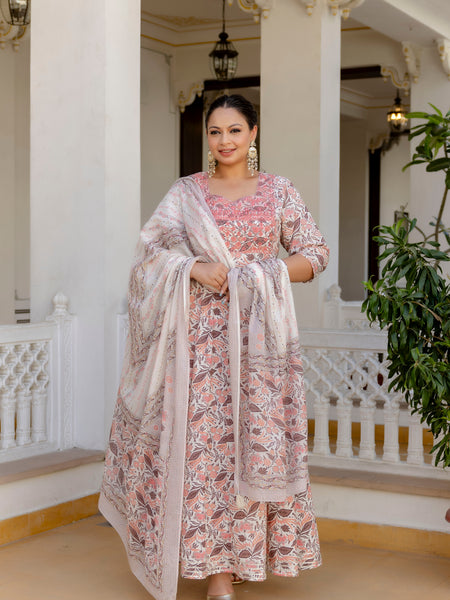Elegant Peach Cotton Embroidered Anarkali With Dupatta Set (Plus Size)