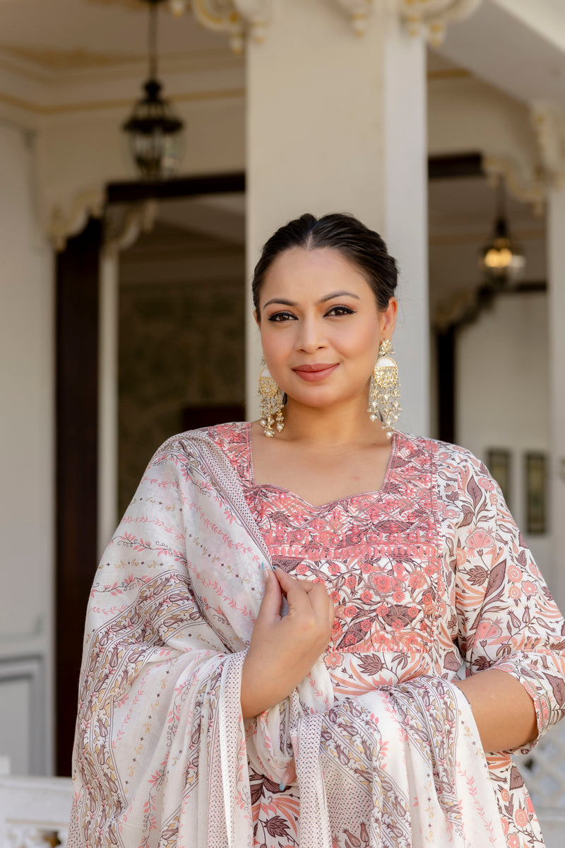 Elegant Peach Cotton Embroidered Anarkali With Dupatta Set (Plus Size)