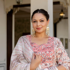 Elegant Peach Cotton Embroidered Anarkali With Dupatta Set (Plus Size)