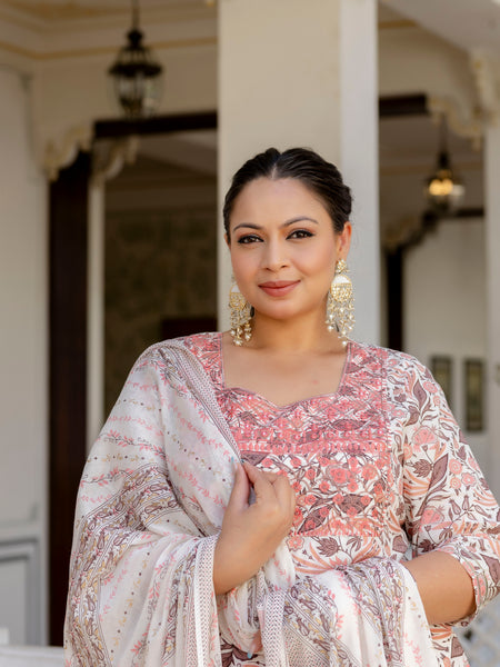 Elegant Peach Cotton Embroidered Anarkali With Dupatta Set (Plus Size)