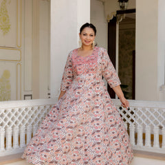 Elegant Peach Cotton Embroidered Anarkali With Dupatta Set (Plus Size)