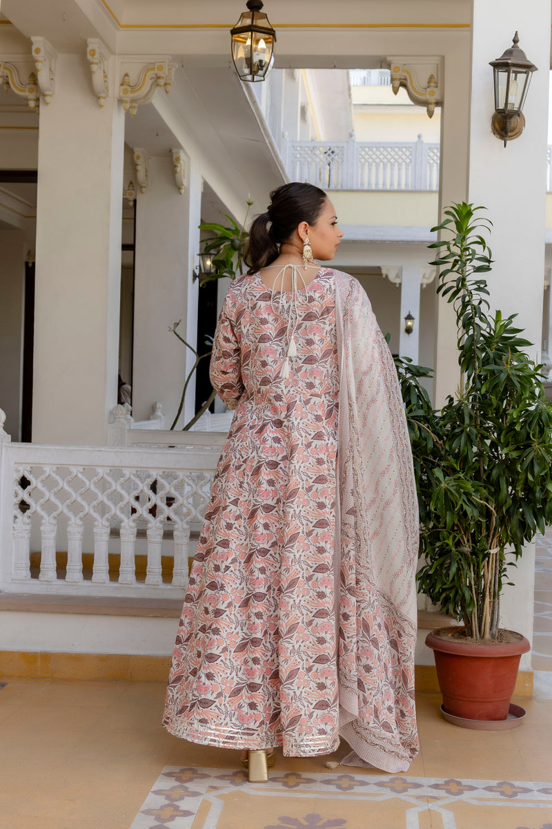 Elegant Peach Cotton Embroidered Anarkali With Dupatta Set (Plus Size)
