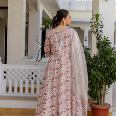 Elegant Peach Cotton Embroidered Anarkali With Dupatta Set (Plus Size)