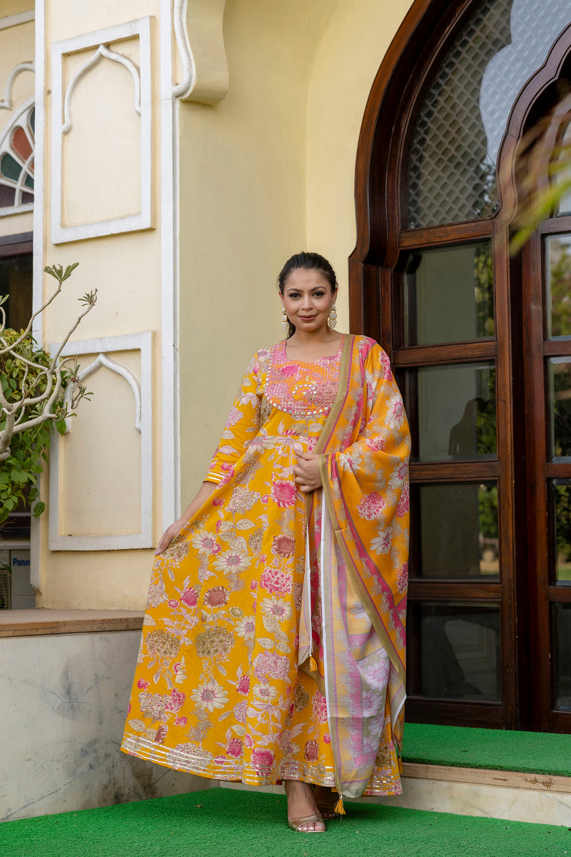 Cotton Embroidered Anarkali With Dupatta Set  Three-Quarter Sleeves (Plus Size)