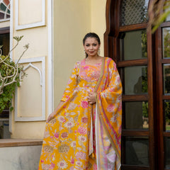 Cotton Embroidered Anarkali With Dupatta Set  Three-Quarter Sleeves (Plus Size)