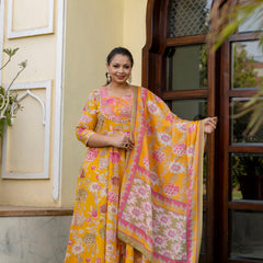 Cotton Embroidered Anarkali With Dupatta Set  Three-Quarter Sleeves (Plus Size)