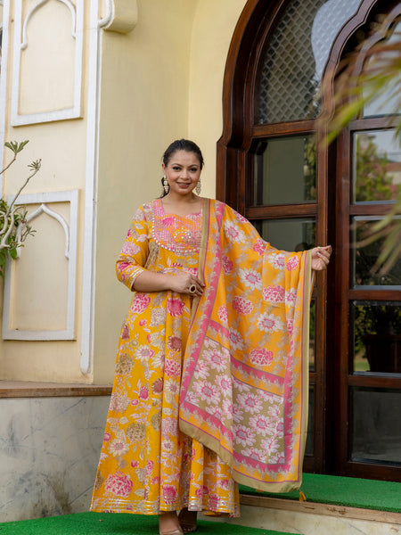 Cotton Embroidered Anarkali With Dupatta Set  Three-Quarter Sleeves (Plus Size)