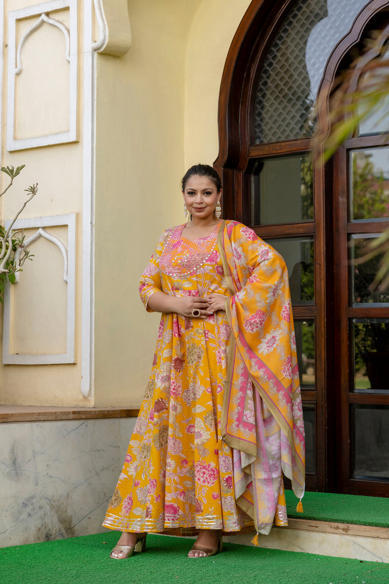 Cotton Embroidered Anarkali With Dupatta Set  Three-Quarter Sleeves (Plus Size)