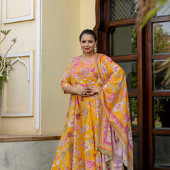 Cotton Embroidered Anarkali With Dupatta Set  Three-Quarter Sleeves (Plus Size)