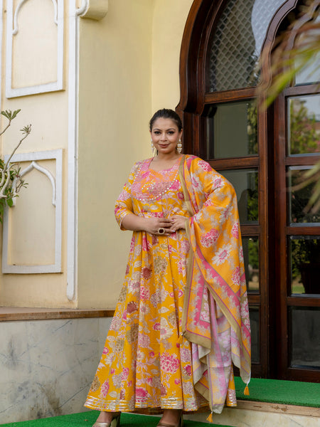 Cotton Embroidered Anarkali With Dupatta Set  Three-Quarter Sleeves (Plus Size)