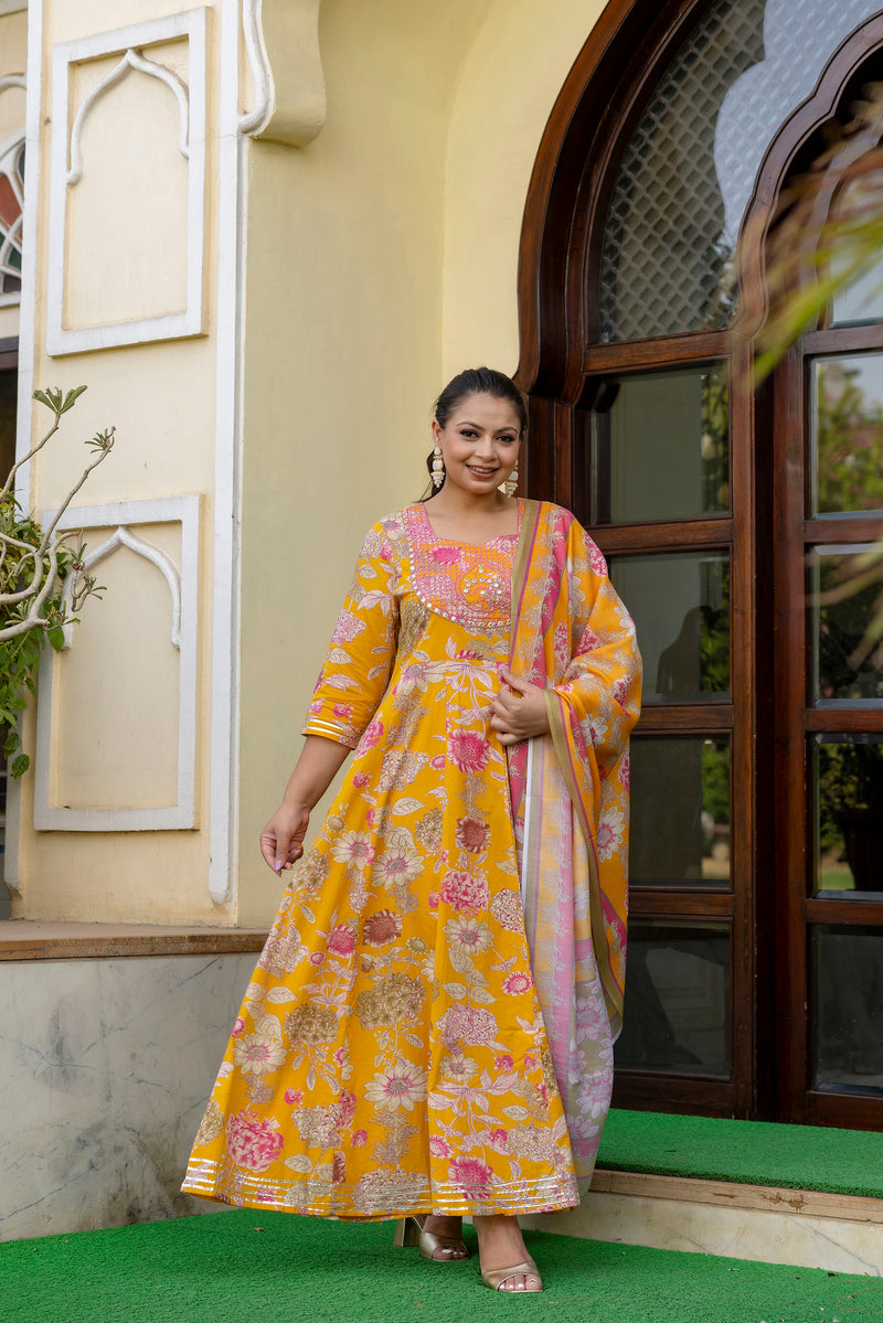 Cotton Embroidered Anarkali With Dupatta Set  Three-Quarter Sleeves (Plus Size)