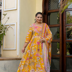 Cotton Embroidered Anarkali With Dupatta Set  Three-Quarter Sleeves (Plus Size)