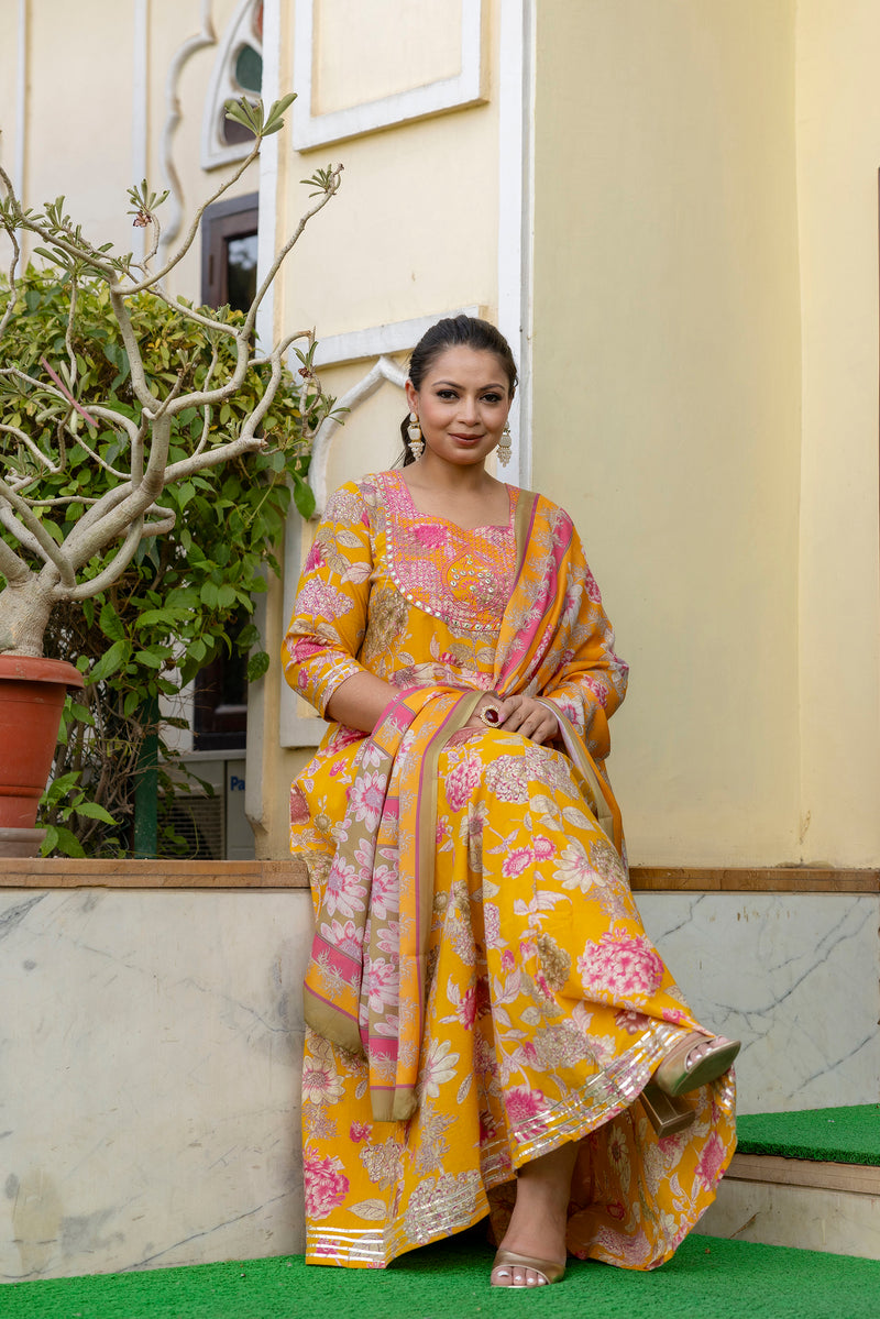 Cotton Embroidered Anarkali With Dupatta Set  Three-Quarter Sleeves (Plus Size)