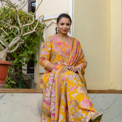 Cotton Embroidered Anarkali With Dupatta Set  Three-Quarter Sleeves (Plus Size)