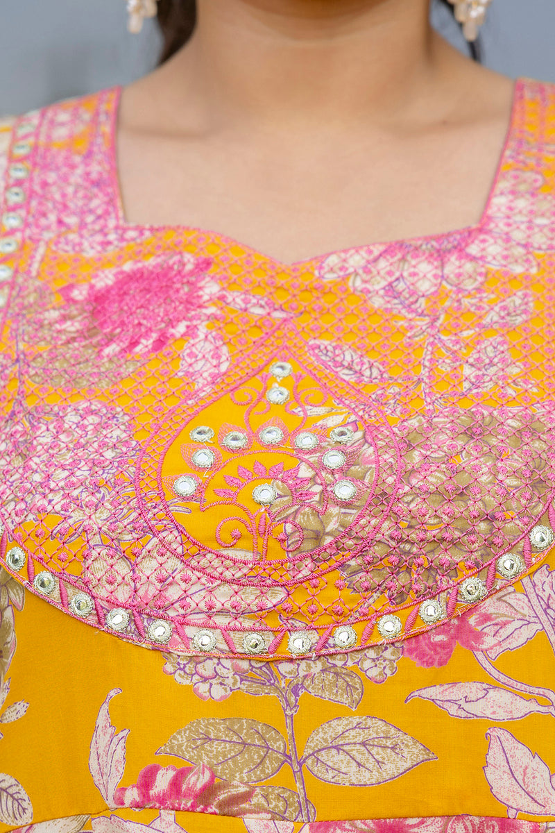 Cotton Embroidered Anarkali With Dupatta Set  Three-Quarter Sleeves (Plus Size)