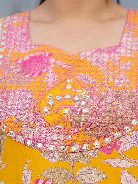 Cotton Embroidered Anarkali With Dupatta Set  Three-Quarter Sleeves (Plus Size)