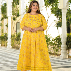 Yellow Cotton Embroidered Anarkali With Dupatta Set (Plus Size)