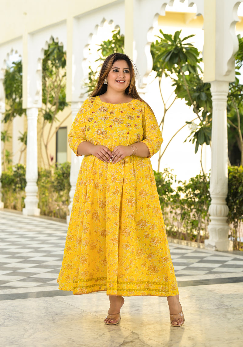 Elegant Yellow Cotton Embroidered Anarkali With Dupatta Set (Plus Size)