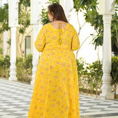 Yellow Cotton Embroidered Anarkali With Dupatta Set (Plus Size)