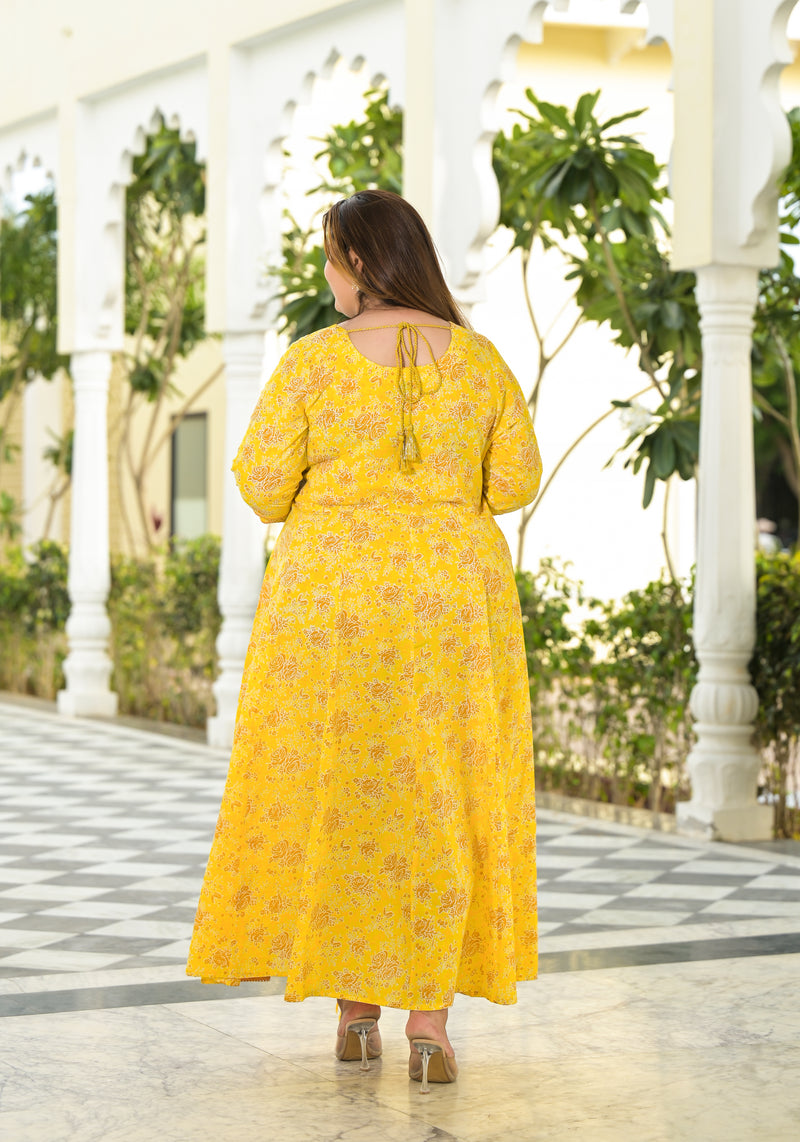 Elegant Yellow Cotton Embroidered Anarkali With Dupatta Set (Plus Size)