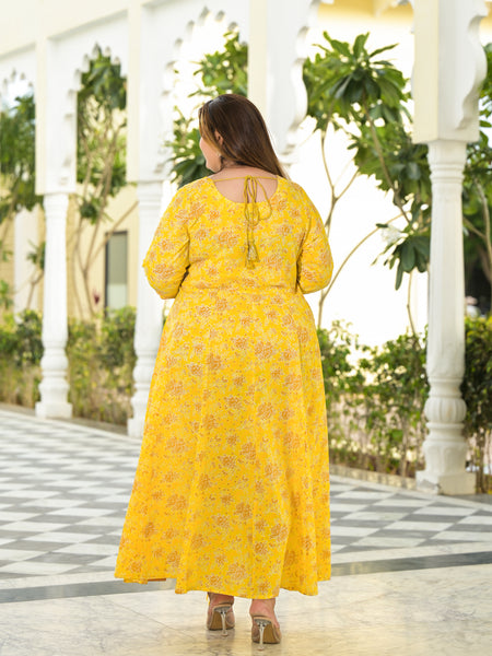 Elegant Yellow Cotton Embroidered Anarkali With Dupatta Set (Plus Size)