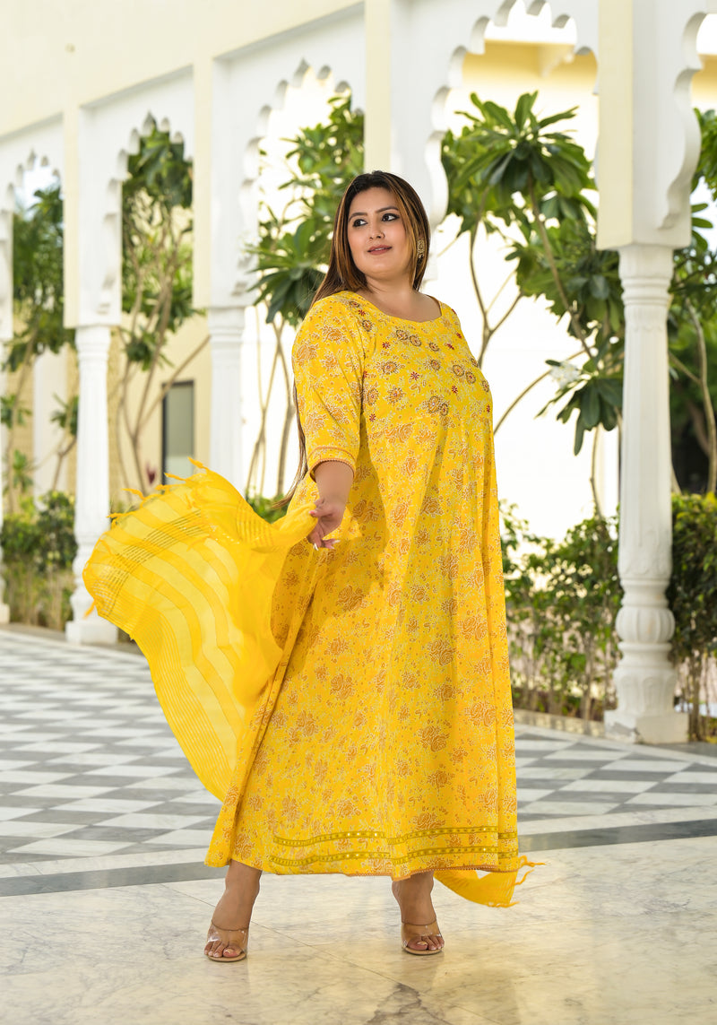 Elegant Yellow Cotton Embroidered Anarkali With Dupatta Set (Plus Size)