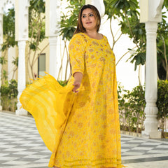Elegant Yellow Cotton Embroidered Anarkali With Dupatta Set (Plus Size)