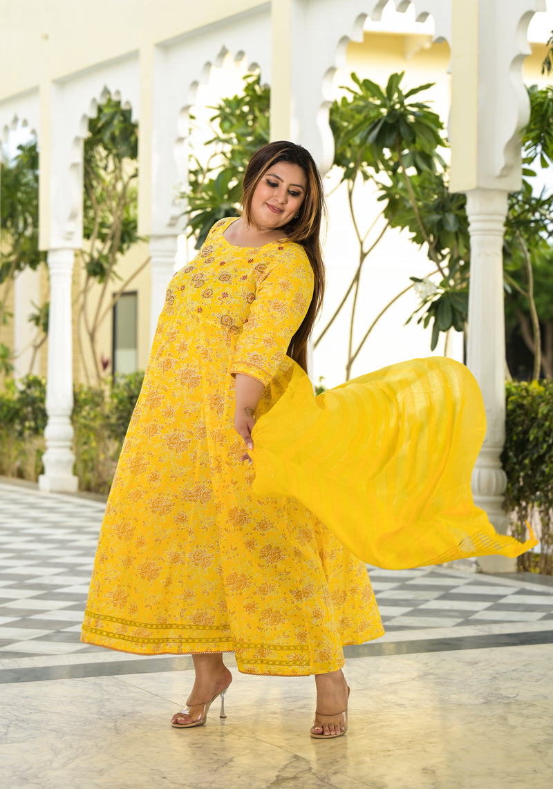 Yellow Cotton Embroidered Anarkali With Dupatta Set (Plus Size)